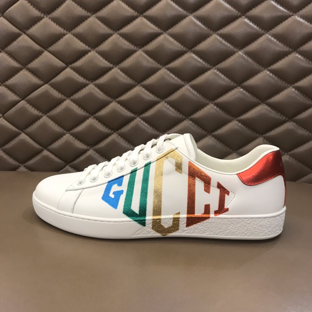 Gucci High Quality Sneakers White and Rainbow Gucci Print with White rubber sole MS021193