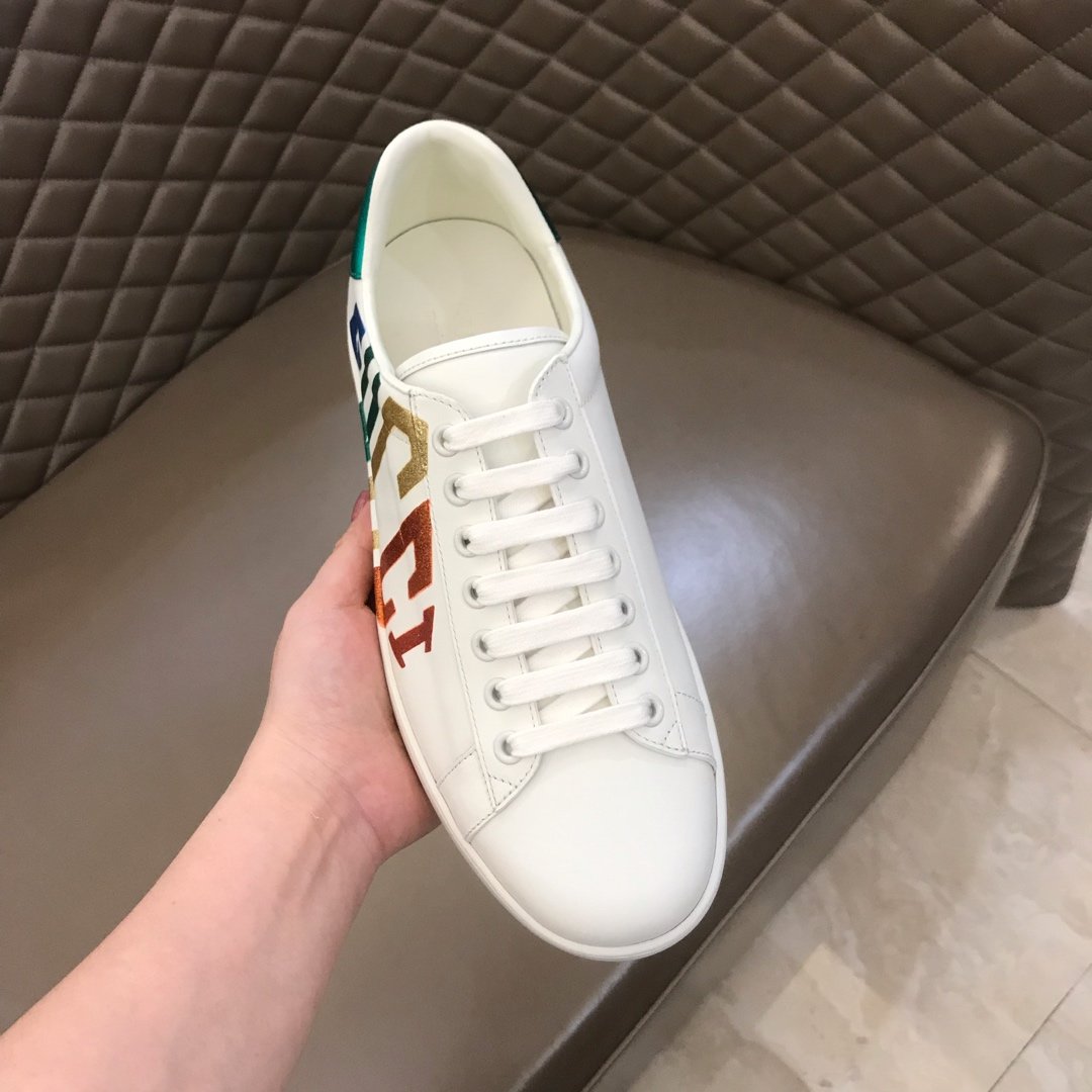 Gucci High Quality Sneakers White and Rainbow Gucci Print with White rubber sole MS021193