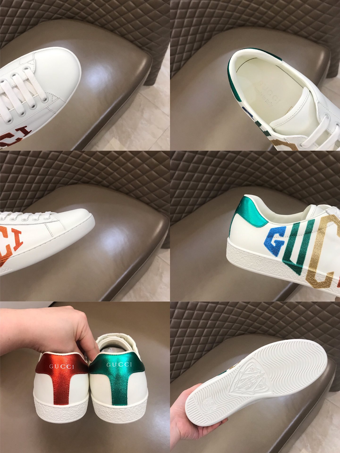 Gucci High Quality Sneakers White and Rainbow Gucci Print with White rubber sole MS021193