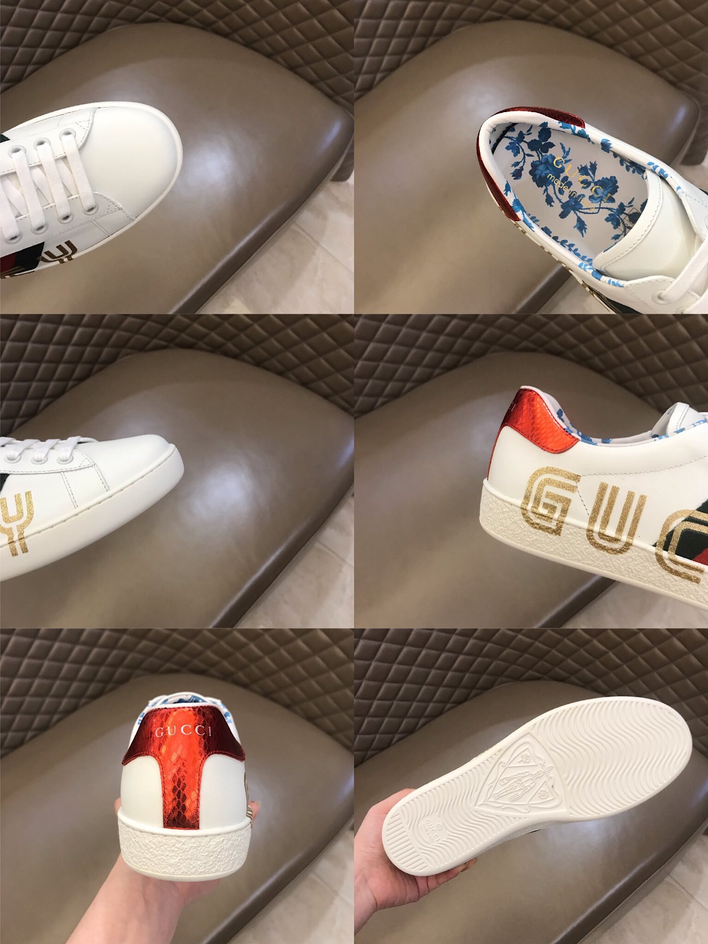 Gucci High Quality Sneakers White and Overlapping Gucci print with White rubber sole MS021198