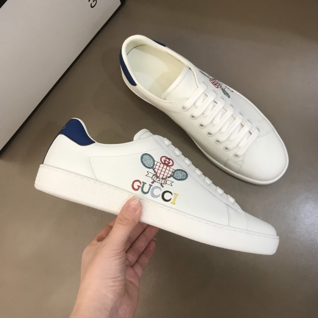 Gucci High Quality Sneakers White and Gucci Tennis Embroidery with Blue leather heel MS021188