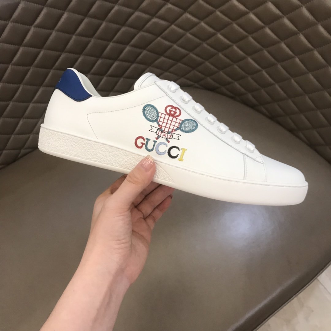 Gucci High Quality Sneakers White and Gucci Tennis Embroidery with Blue leather heel MS021188