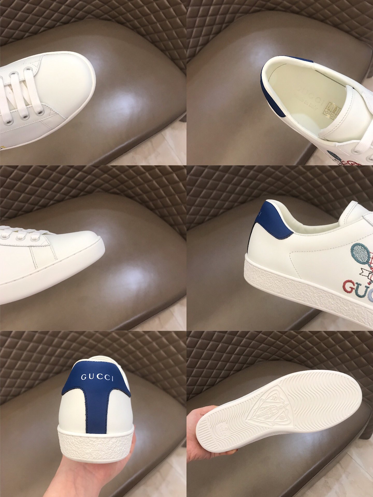 Gucci High Quality Sneakers White and Gucci Tennis Embroidery with Blue leather heel MS021188