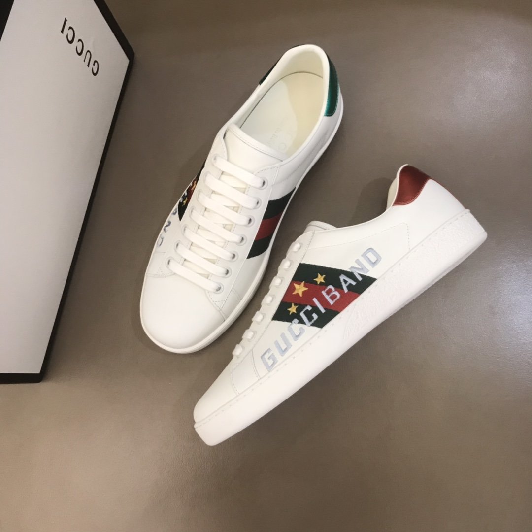 Gucci High Quality Sneakers White and Gucci band and stars embroidery with White rubber sole MS021187